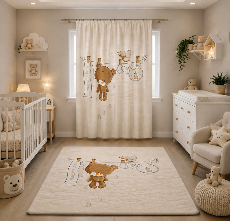 پرده و فرش برند مامز کیوت|طرح خرس بند رخت کرم